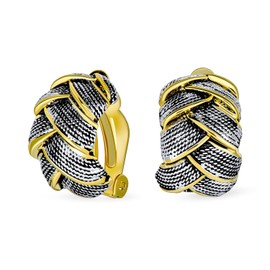 Woven Braided Basket Weave Wide Half Hoop Clip On Earrings Button Style Non Pierced Ears Oxidized Gold Plated Brass