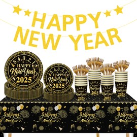 New Years Decorations 2025 Happy New Years Banner Plates Cups Forks Party Supplies Set Serve 25 New Years Eve Party Supplies 2025 Cheers to New Year Decorations Happy New Year Party Supplies
