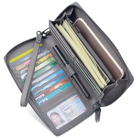 Bveyzi Women RFID Blocking Wallet Leather Zip Around Phone Clutch Large Capacity Ladies Travel Purse Wristlet(Grey)