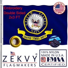 ZEKVY Embroidered Navy Emblem Military Flag 2x3 Outdoor Made in USA - Double Sided 300D Heavy Duty Nylon Vivid Color United States Navy Flags with 2 Brass Grommet