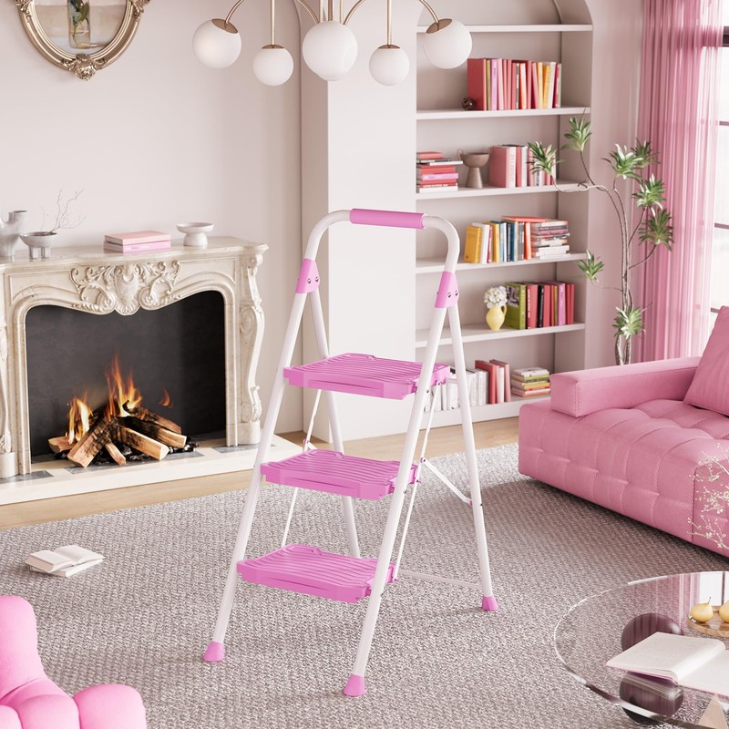 KINGRACK 3 Step Ladder, Sturdy Step Stool with Handrail, Anti-Slip
