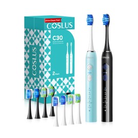 COSLUS C30 Electric Toothbrush for Adults & Kids: 3 Intensities & 5 Modes for Effective Yet Gentle Ultra-Clean Feel, 2 Types of Head for Gentle & Daily Care, Travel Home Use, Black & Green, 2PCS