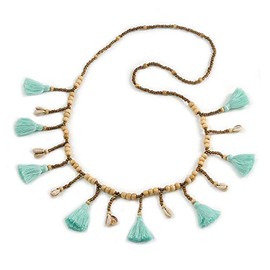 Avalaya Natural Wood and Bronze Glass Bead with Mint Green Cotton Tassel Long Necklace - 100cm Long