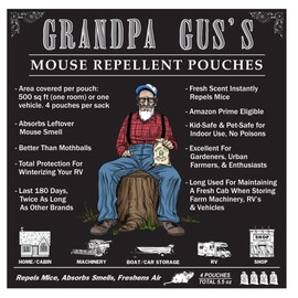 Grandpa Gus's Extra-Strength Mouse Repellent Pouches + Potent Mouse Repellent Spray, Peppermint/Cinnamon Oils Repel Mouse From Home/RV, Boat/Car Storage & Machinery, 4 x 1.76oz Pouches + 1 x 8oz Spray