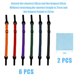 6 Glasses Bungee Cords with 2 Cleaning Cloths, Adjustable Glasses Straps, Non-Slip Ear Hook Glasses Straps Glasses Accessories for Men, Women, Kids (6 Colors), Orange, red, dark blue, purple, black,