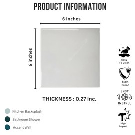 Tenedos 6x6 Glossy Light Gray Ceramic Wall Tile – Box of 8 Pieces for Bathroom Wall, Kitchen Backsplash, Shower, Accent Borders