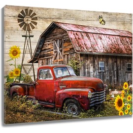 LB Rustic Farmhouse Canvas Wall Art Old Car and Cattle with Barn Framed Canvas Art Farm Cow and Sunflowers Canvas Wall Art Decor for Living Room Brown Bedroom Bathroom Decor,20 x 16 inch