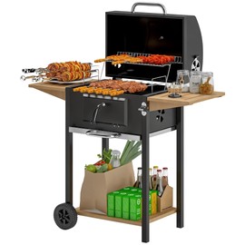Outsunny Charcoal BBQ Grill with 245 sq. in. Cooking Area, Outdoor Barbecue Grill with Adjustable Charcoal Pan, Thermometer, Wheels and 3 Shelves for Patio, Backyard, Picnic, Party, Black