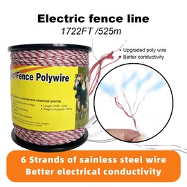 YSWOWSY Upgraded Electric Fence Polywire,Fence Rope 6 Stainless Steel Strands for Reliable Conductivity and Rust Resistance UV Rust Resistant, 1722 Feet/525 Meters,Red and White Color