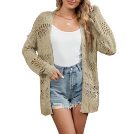 Durio Cardigan for Women Lightweight Summer Long Sleeve Shrug Sweater Boho Beach Crochet Open Front Kimono Cover Up Khaki Large