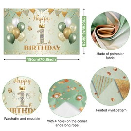Happy 1st Birthday Banner Sage Green Gold,BTZO 1st Birthday Backdrop for Newborn Boys Girls First Birthday Decorations 1st Birthday Baby Shower Party Banner,180×110cm