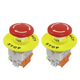 YQBOOM YQBOOM 2pcs 22mm Mounting Hole Latching Emergency Stop Push Button Switch Red with 60mm Emergency Stop Sign 1NO 1NC