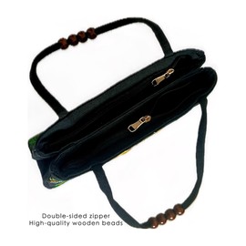 Embroidered Elephant Shoulder Handbag, Double Zipper, Wooden Bead Handle, Black with Gold Design, 11.8 x 7.9 inches