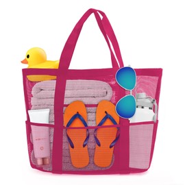 Beach Bag with Zip XXL Family Mesh Swimming Bag with Waterproof Bag Swimming Pool Bag Large Beach Bag Travel Bag Shopping Bag Handbag Sports Bag for Men and Women, Rose-red, XXL