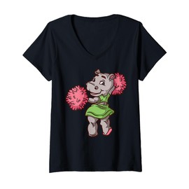 Womens Cartoon Hippo Cheerleader Cute Character For Kids V-Neck T-Shirt
