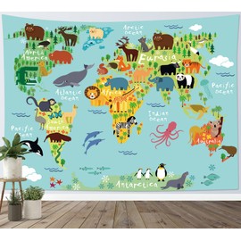 LB World Map Tapestry Animal Tapestry Wall Hanging Cartoon Wild Ocean and Land Creature Distribution Map Wall Blanket for Kids Bedroom Living Room Dorm Decor,60Wx40H inches