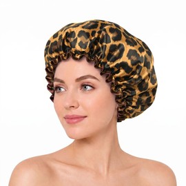 Leopard Satin-Lined Shower Cap for Girl Reusable Waterproof Women