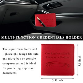 Dickno Car Registration and Insurance Holder, 5.51" × 5.11" Premium Leather Vehicle Glove Box Organizer with Magnetic Closure, Auto Document Holder for Cards Paperwork and Drive License (Red-B)