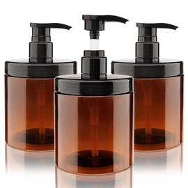 Hethyo Pump Bottle Dispenser 3 Pcs 600ml/20oz Refillable Plastic Pump Bottles Wide Mouth Jar Style BPA Free Empty Pump Bottles Bathroom Shower Containers for Lotion Shampoo Conditioner (Brown)