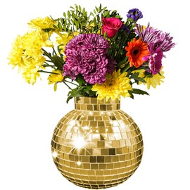 Disco Ball Planter | 7” Disco Ball Vase for Flowers & Plants | Handmade Gold Color Square Large Mirrors Center Piece | for Indoor & Outdoor Decor | Disco Ball Plant Holder Gold
