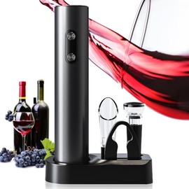 CREERJOY 5-in-1 Electric Wine Opener Set with Wine Stopper, Wine Pourer, Foil Cutter, and Storage Base – Easily Remove Corks with the Push of a Button for Decanting and Preservation (Black VBGS)