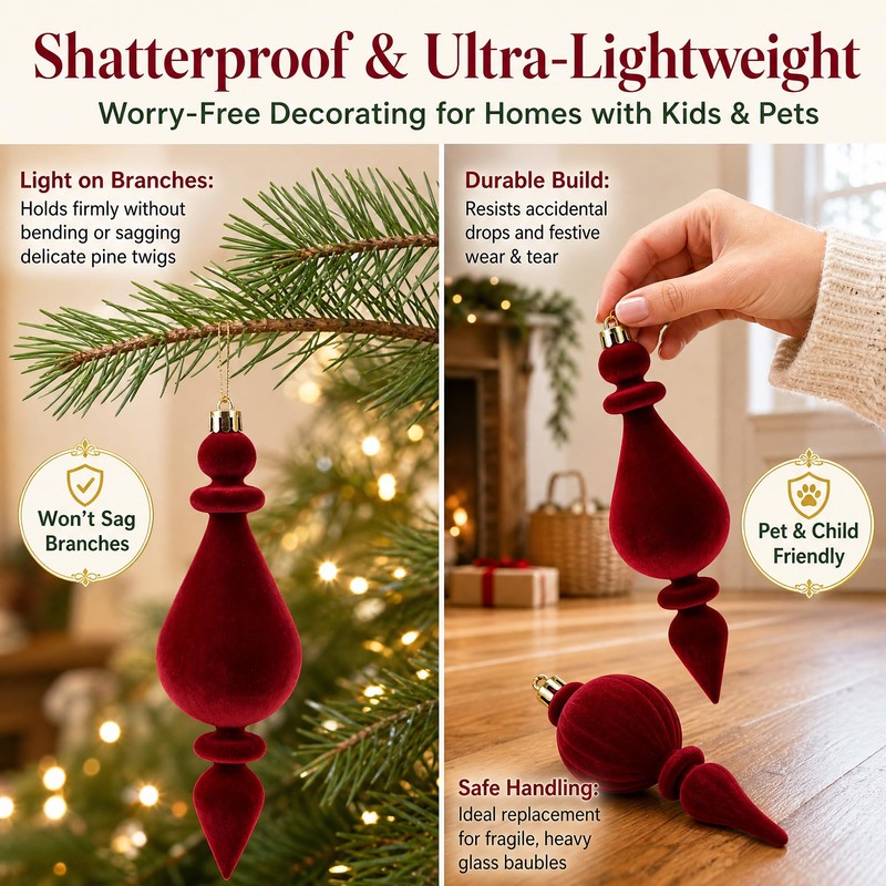 8 Pcs Burgundy Christmas Decorations, Finial Velvet Baubles Ornaments