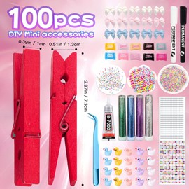 60set Cheer Pins Include 60 Pcs Clothes Pins Wooden,30 Mini Resin Ducks, 30 Bows, 100 Mini DIY Accessories, Tweezers, Stickers, Self-Adhesive，Cheer Gifts