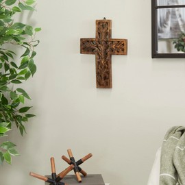Deco 79 Mango Wood Biblical Carved Cross Wall Decor, 9" x 1" x 12", Brown
