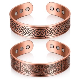 Otuuz Pack of 2 99.99% Copper Magnetic Bracelets 3500 Gauss Copper Bracelet with 9 Magnets Solid Copper Bangle Adjustable Cuff Bracelets with Tree and Celtic Design for Men Women 2 Styles