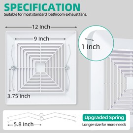 Flowild 12x12 Bathroom Exhaust Fan Cover with Springs, Replacement Grille for Square Ceiling or Wall-Mounted Exhaust Fans, Plastic Ventilation Hood, Air Diverter, and Ceiling Air Diffuser (White)
