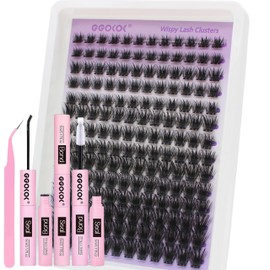 GGOKOK Wispy Wimpernverlängerungs-Set, 8–16 mm, Cluster-Wimpernverlängerungs-Set, einzelne Wimpern, 168-teilig, mit Wimpernbindung und Dichtung, Pinzette zur Selbstverwendung (Wispy-01, Kit)