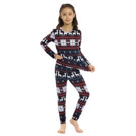 ViCherub Girls Thermal Underwear Set,Long Johns for Kids Ultra Soft Base Layer Fleece Lined Thermals Top and Bottom 2 Sets Black & Christmas L