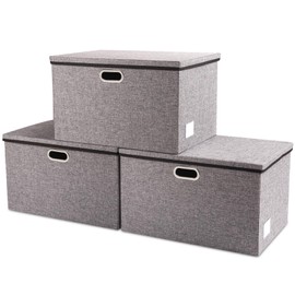 PRANDOM Extra Large Collapsible Storage Bins with Lids [3-Pack] Linen Fabric Foldable Storage Baskets Boxes Organizer Containers Cube with Cover for Bedroom Closet Office Nursery (22.8x15.75x13.8)