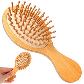 Small Bamboo Brush for Hair Growth, Natural Wooden Scalp Brush, Mini Hair Scalp Massager, Detangling Hair Brush for Women, with Handle Design and Anti-Static Round Wooden Pins