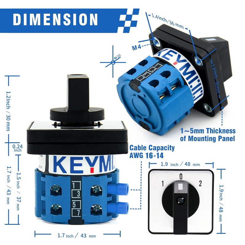 KEYMOO 20A Rotary Changeover Switch,3 Position 2 Phase 8 Terminals,ON-Off-ON