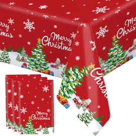 MEHOFOND 3 Pack Plastic Christmas Tablecloth, 108 x 54 Inch Merry Christmas Disposable Christmas Tablecloths Rectangular, Winter White Snowflake Christmas Tree Table Cover Decor for Xmas Holiday