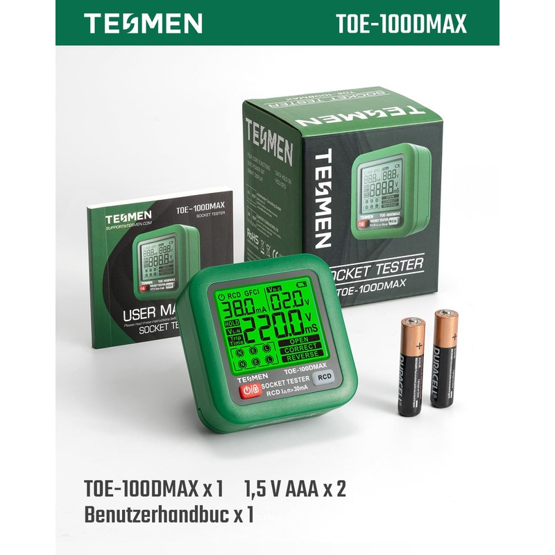 TESMEN TOE-100EMAX Intelligent Socket Tester with GFCI/RCD Trigger Test, LCD