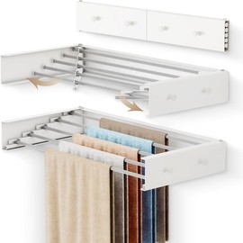 Drying Rack Clothing Upgrade,Clothes Drying Rack Wall Mounted,Laundry Drying Rack Wall Mount,Foldable,Collapsible,Retractable,5 Aluminium Poles,with Hooks,White - Color: white, Size: 28 Inch