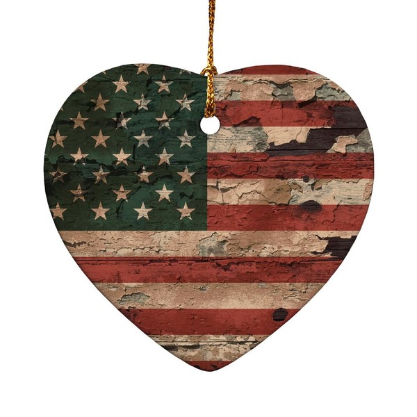 Rustic American USA Flag Distressed Heart-Shaped Porcelain Holiday Christmas Tree