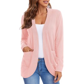 Urban CoCo Womens' Long Sleeve Open Front Knit Sweater Cardigans Curved Hem with Pockets (Pink, M)