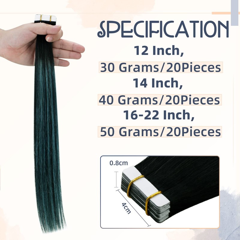 RUNAUTRE Teal Ombre Tape-In Real Hair Extensions 40 cm Straight