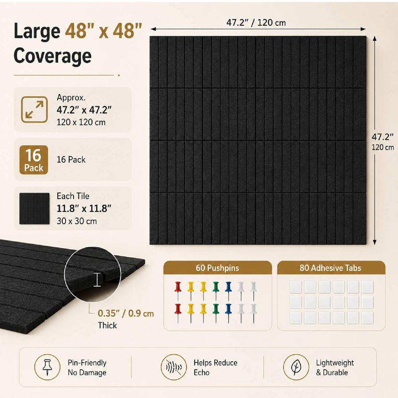 Corodo 48"x48" Large Felt Bulletin Board Tiles for Wall, 16