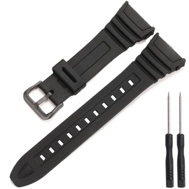 W96H Replacement Watch Band Compatible with Casio Men's W-96H W96H-1BV Sport Strap Metal buckle Black Resin Wirstband (Black metal buckle)