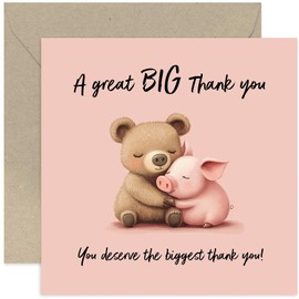 Cute Thank You Card for Special Friend - Female and Male Gratitude Gifts - For BFF Bestie Husband WIfe Mum Sister - Adorable Bear and Pig Cartoon Illustration - Pastel Pinks - Blank Inside