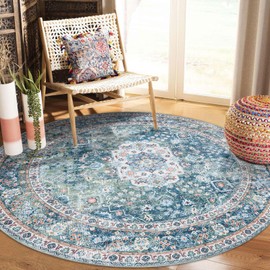 DECOMALL Kalina Washable Area Rugs, Bohemian Vintage Foldable Carpet for Living Room Bedroom Dinning Room Kitchen (8' x 8', Green)