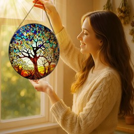 Stained Glass Window Hanging, LAOWEIKI 8'' Tree of Life Suncatcher, Stained Glass Ornament, Suncatchers for Windows Hanging, Window Decor, Outdoor or Indoor, Gifts for Women, Lovers, Couple, Friends