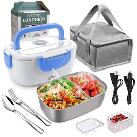 Lonchera Termica Eléctrica Portátil para Hombre y Mujer, 3 en 1 Fiambrera Eléctrica 1.5L, Calentador de Alimentos, Caja de Almuerzo con Recipientes de Acero Inoxidable y Horquillas, Lonchera Eléctrica Recargable Adecuada para Automóviles, Familias y Ofic