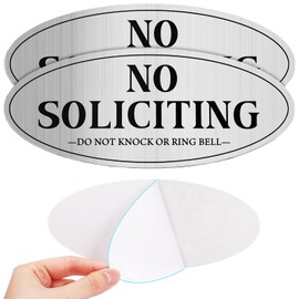 Wonderjune 2 Pcs No Soliciting Sign for House 7.1 x 3 inches Strong Self-Adhesive Aluminum No Solicitation Knock or Ring Bell Sign for Front Door Home Durable UV Weather Resistant(Silver)