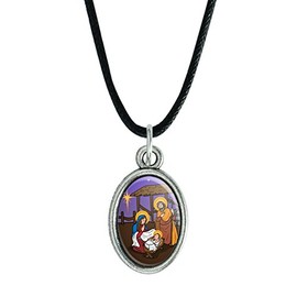 GRAPHICS & MORE Nativity Scene Baby Jesus Mary Joseph Christmas Christian Bible Antiqued Oval Charm Pendant with Black Satin Cord
