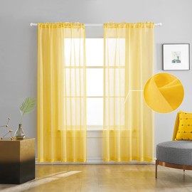 TOAVA DECO Butter Yellow Sheer Curtains 95 Inches Long 2 Panels Semi Faux Linen Yellow Sheer Curtain for Bedroom Living Room Girls Kids Room 2 Panels 52x95